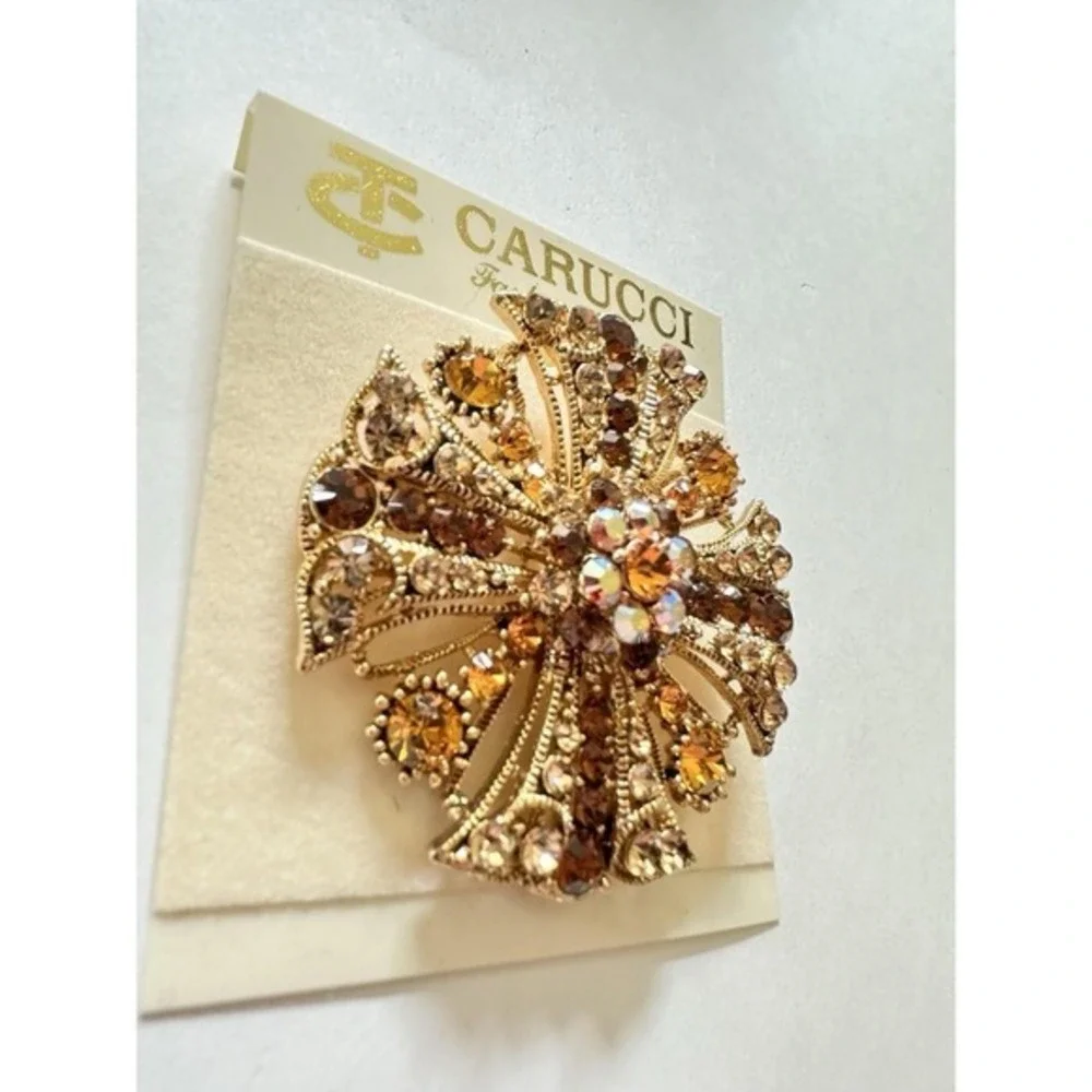 Vintage Carucci Fashion Jewelry Amber Rhinestones‎ Brooch Pin Flower Cross KC